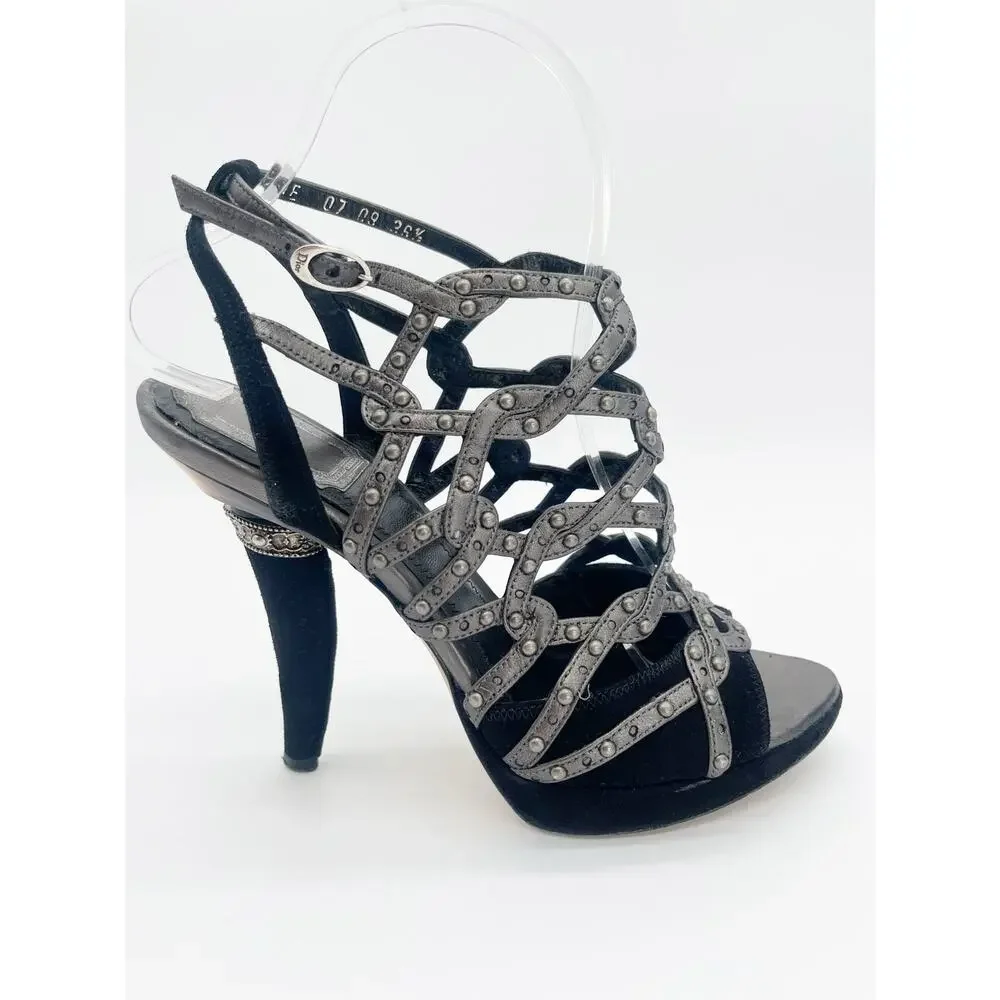 Dior Fall 2009 Runway Galliano Gunmetal Black Studded Caged Sandals EU 36.5